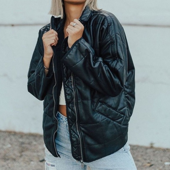 NWT Free People Quilted Vegan Leather Bomber Jacket in Black - Picture 3 of 16